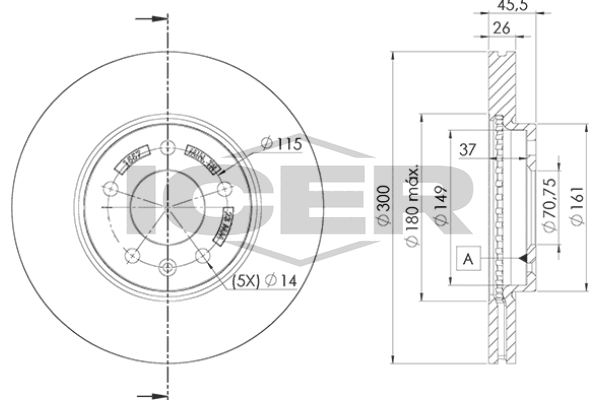 Icer 78BD15572 Диск гальмівний (передній) Opel Astra J 09-/Zafira C 11- (300x26)(з покриттям)(вентил