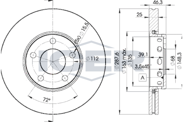Icer 78BD40632 Диск гальмівний (передній) Audi A4/A6/VW Passat 95-08/Skoda Superb 02-08 (288x25)(вен