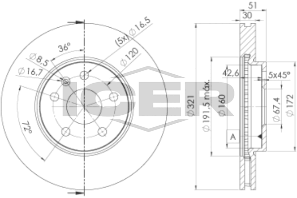 Icer 78BD53872 Диск гальмівний (передній) Opel Insignia A 08- (321x30) (з покриттям) (вентильований)