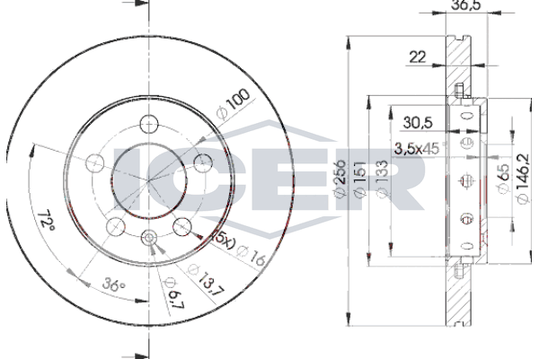 Icer 78BD56022 Диск гальмівний (передній) Skoda Fabia/Octavia 98-15/VW Golf 97-07/Polo 01- (256x22)(