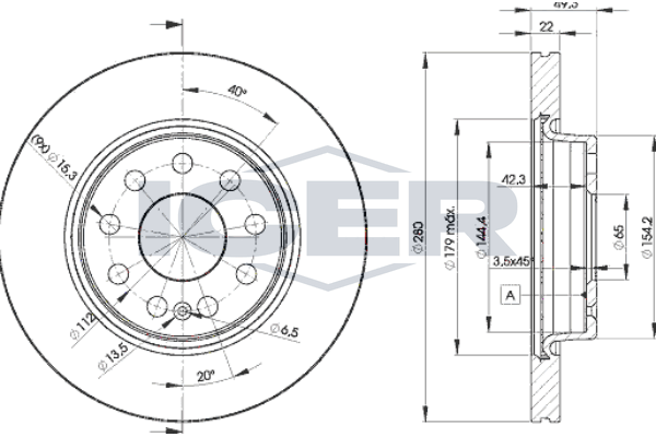 Icer 78BD56142 Диск гальмівний (передній) Audi A3/Seat Leon/Skoda Octavia/VW Caddy/Golf 04- (280x22)