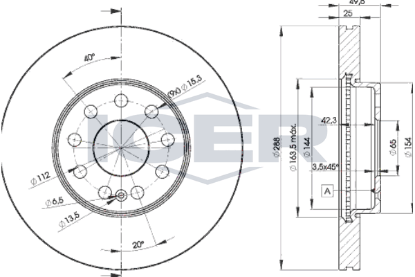 Icer 78BD56152 Диск гальмівний (передній) Audi A3/Skoda Octavia/VW Caddy/Golf/Touran 03- (288x25)(з