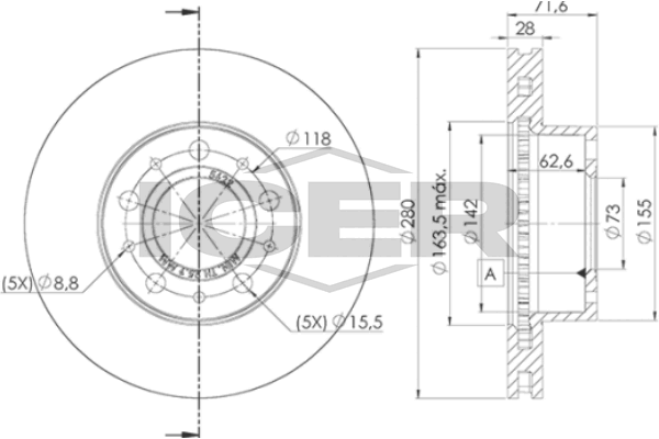 Icer 78BD56222 Диск гальмівний (передній) Citroen Jumper/Fiat Ducato/Peugeot Boxer 06- (280x28) (з п
