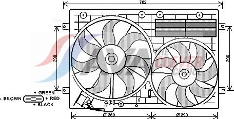 VN7529 AVA Вентилятор радіатора з рамою Audi A1/3,Caddy III,Golf V,VI,Jetta iV,Passat,Tiguan,Skoda Fabia II,Octavia II