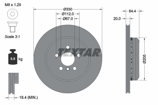 TEXTAR 92305025 Диск гальмівний (задній) BMW 5 (G30/F90)/7 (G11/G12) 15- (L) (330x20) B46/B47/B48/B57
