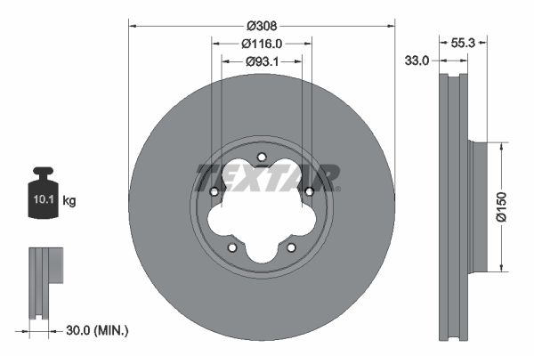 TEXTAR 92327303 Диск гальмівний (передній) Ford Transit (V363) 13-/Custom (V362) 15- (308х33) PRO