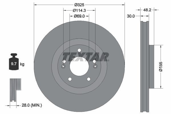 TEXTAR 92341803 Диск гальмівний (передній) Hyundai Santa Fe 18-  (325x30) PRO (з покриттям) (вентиль