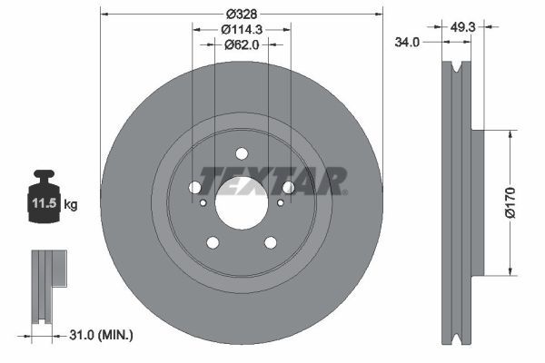 TEXTAR 92349505 Диск гальмівний (передній) Lexus RX 2.0/3.5 15- (328x34) PRO+