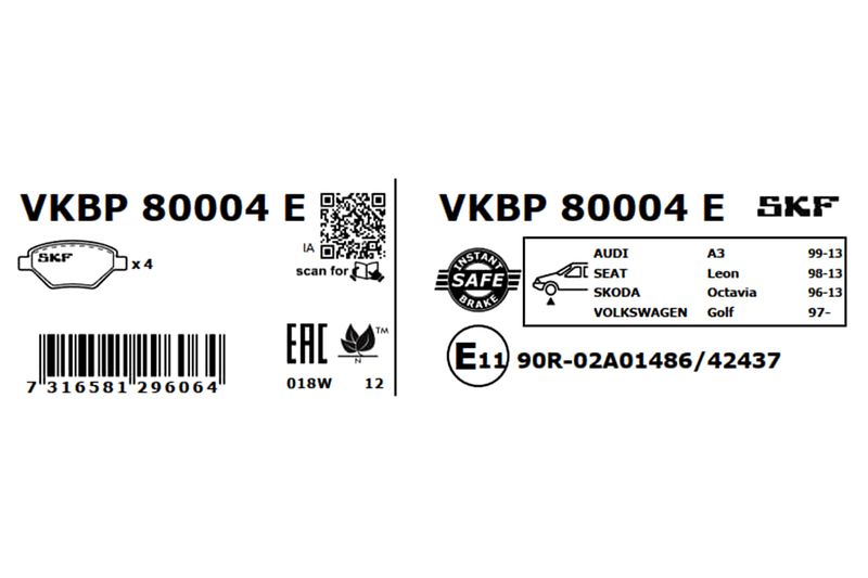SKF VKBP80004E Комплект гальмівних накладок, дискове гальмо