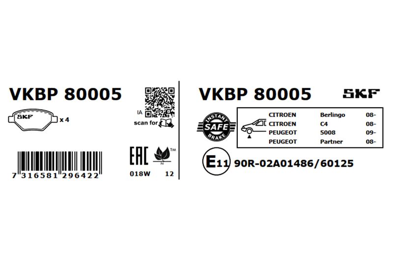 SKF VKBP80005 Комплект гальмівних накладок, дискове гальмо