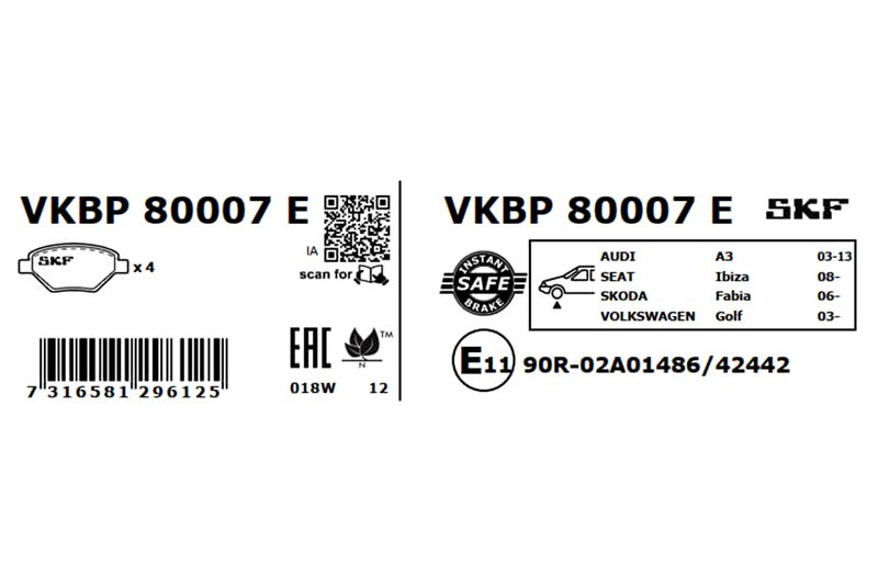 SKF VKBP80007E Комплект гальмівних накладок, дискове гальмо
