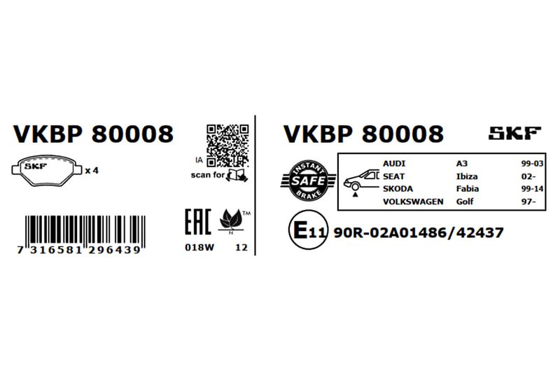 SKF VKBP80008 Комплект гальмівних накладок, дискове гальмо