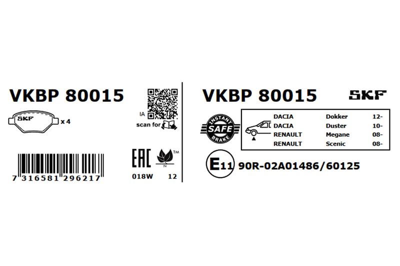 SKF VKBP80015 Комплект гальмівних накладок, дискове гальмо