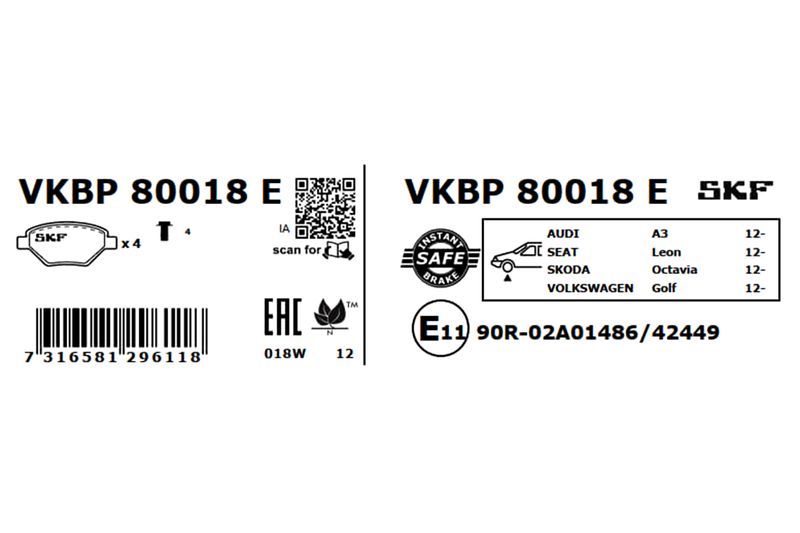SKF VKBP80018E Комплект гальмівних накладок, дискове гальмо