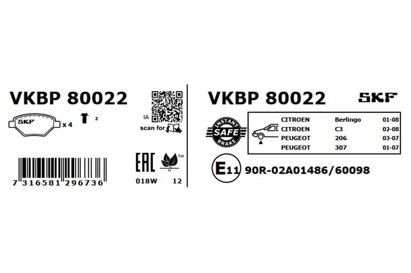 SKF VKBP80022 Комплект гальмівних накладок, дискове гальмо