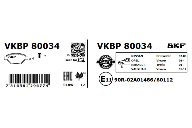 SKF VKBP80034 Комплект гальмівних накладок, дискове гальмо