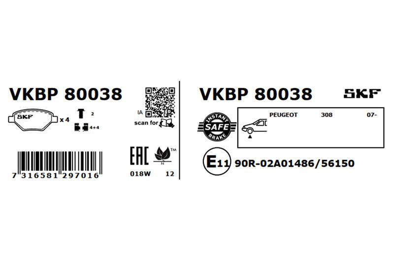 SKF VKBP80038 Комплект гальмівних накладок, дискове гальмо