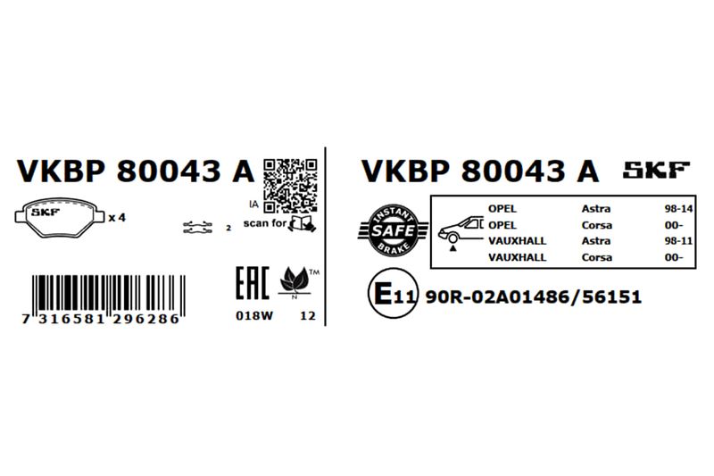 SKF VKBP80043A Комплект гальмівних накладок, дискове гальмо