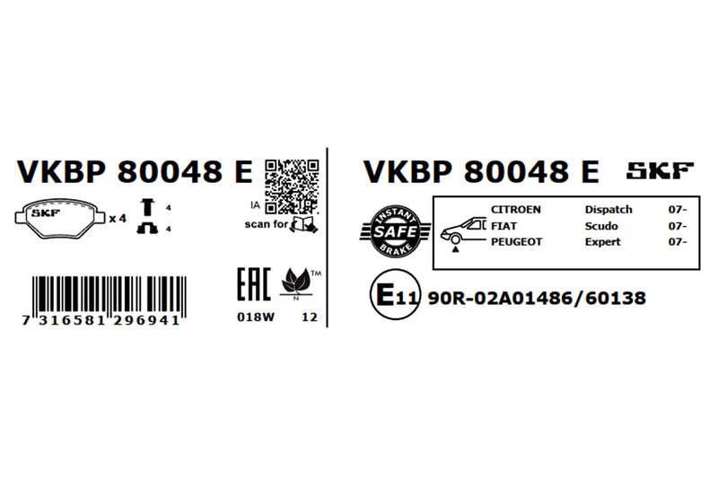 SKF VKBP80048E Комплект гальмівних накладок, дискове гальмо