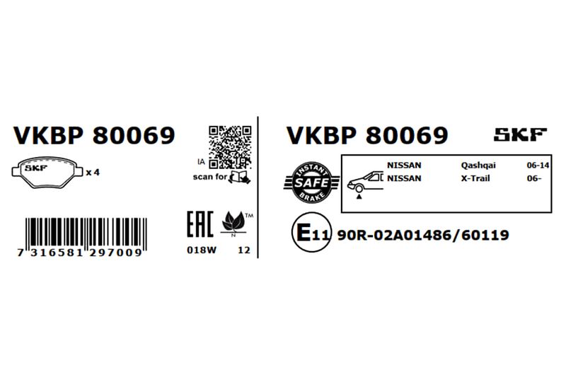 SKF VKBP80069 Комплект гальмівних накладок, дискове гальмо