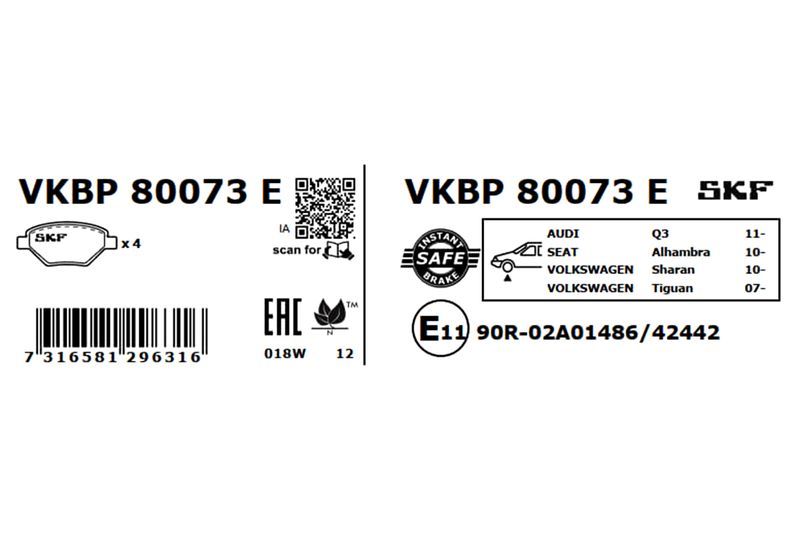 SKF VKBP80073E Комплект гальмівних накладок, дискове гальмо