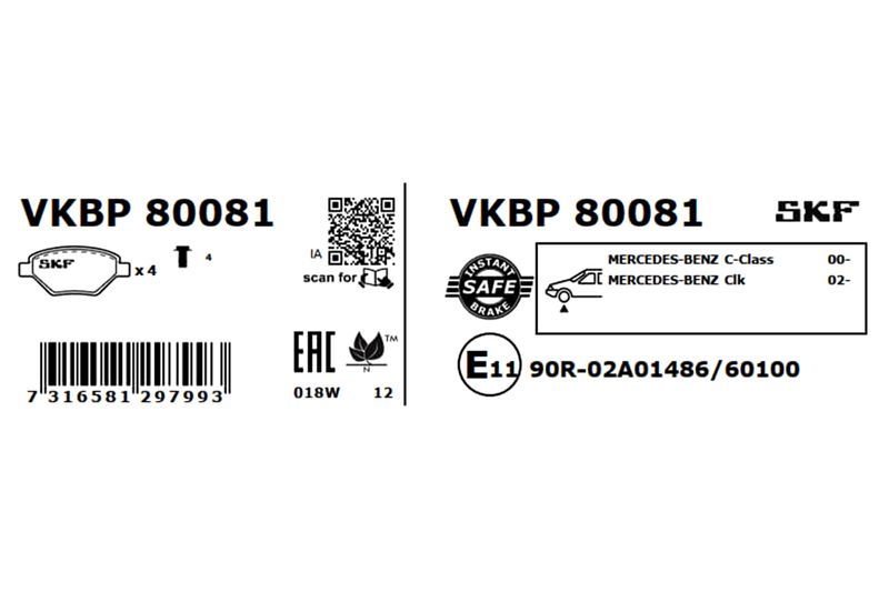 SKF VKBP80081 Комплект гальмівних накладок, дискове гальмо