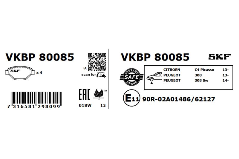 SKF VKBP80085 Комплект гальмівних накладок, дискове гальмо