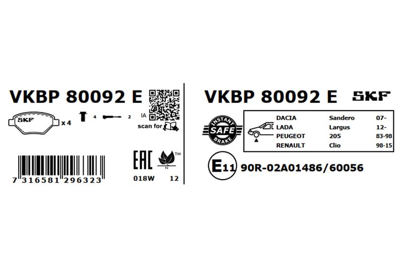 SKF VKBP80092E Комплект гальмівних накладок, дискове гальмо