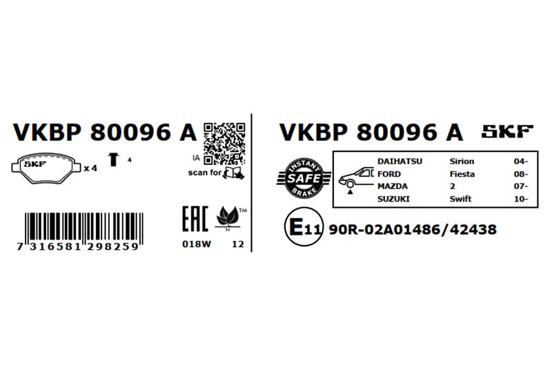 SKF VKBP80096A Комплект гальмівних накладок, дискове гальмо