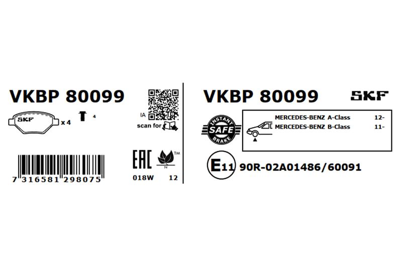 SKF VKBP80099 Комплект гальмівних накладок, дискове гальмо