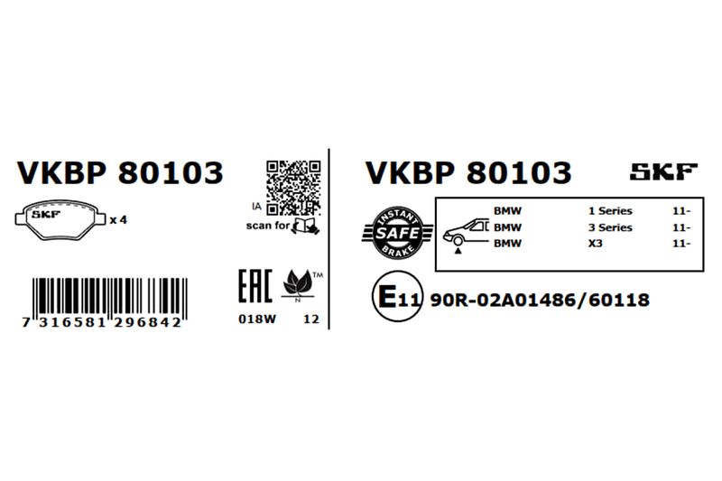 SKF VKBP80103 Комплект гальмівних накладок, дискове гальмо