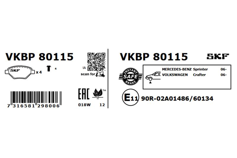 SKF VKBP80115 Комплект гальмівних накладок, дискове гальмо