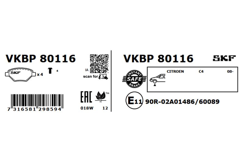 SKF VKBP80116 Комплект гальмівних накладок, дискове гальмо