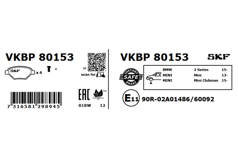 SKF VKBP80153 Комплект гальмівних накладок, дискове гальмо