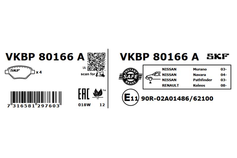 SKF VKBP80166A Комплект гальмівних накладок, дискове гальмо