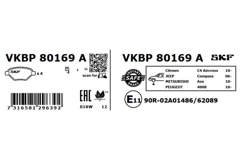 SKF VKBP80169A Комплект гальмівних накладок, дискове гальмо