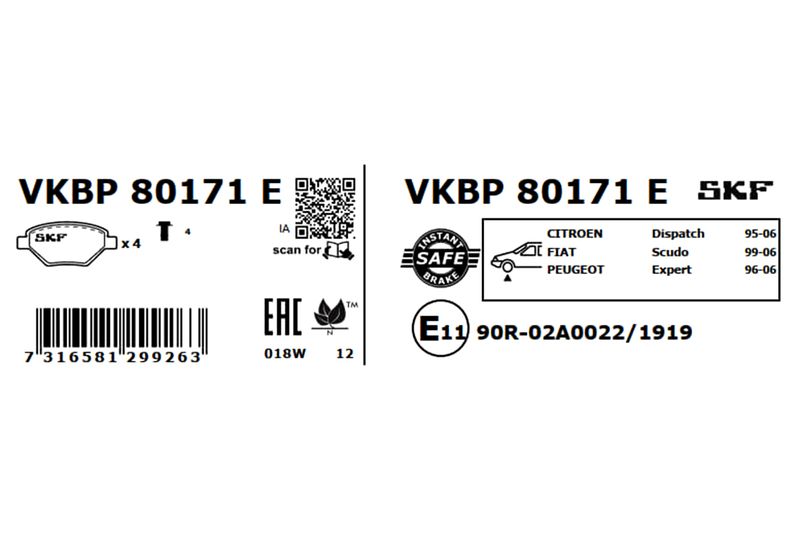 SKF VKBP80171E Комплект гальмівних накладок, дискове гальмо