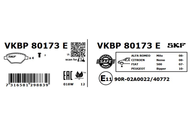 SKF VKBP80173E Комплект гальмівних накладок, дискове гальмо