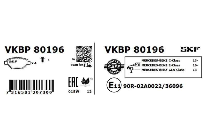SKF VKBP80196 Комплект гальмівних накладок, дискове гальмо