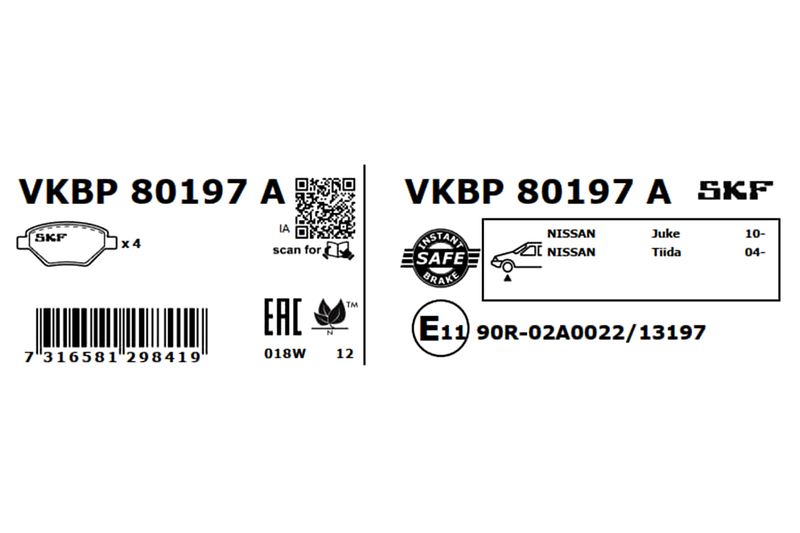 SKF VKBP80197A Комплект гальмівних накладок, дискове гальмо