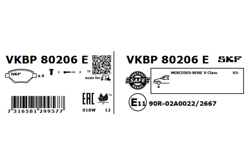 SKF VKBP80206E Комплект гальмівних накладок, дискове гальмо