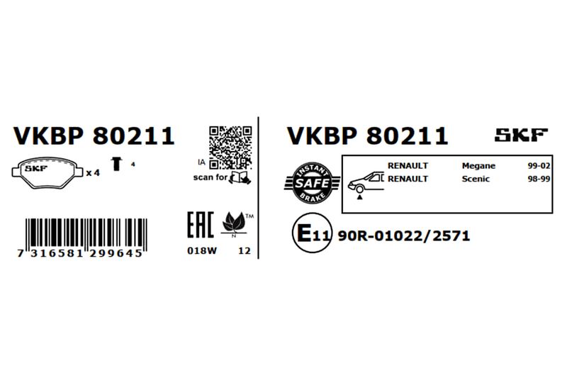 SKF VKBP80211 Комплект гальмівних накладок, дискове гальмо