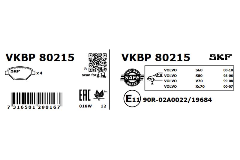 SKF VKBP80215 Комплект гальмівних накладок, дискове гальмо