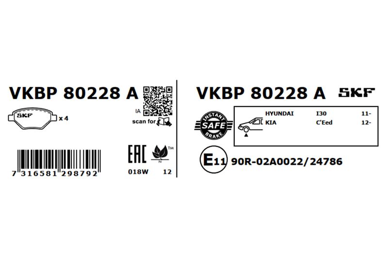 SKF VKBP80228A Комплект гальмівних накладок, дискове гальмо