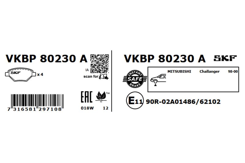 SKF VKBP80230A Комплект гальмівних накладок, дискове гальмо