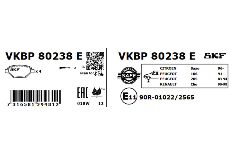 SKF VKBP80238E Комплект гальмівних накладок, дискове гальмо