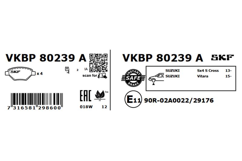 SKF VKBP80239A Комплект гальмівних накладок, дискове гальмо