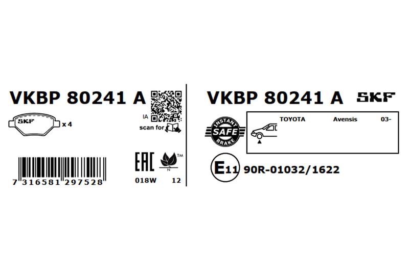 SKF VKBP80241A Комплект гальмівних накладок, дискове гальмо