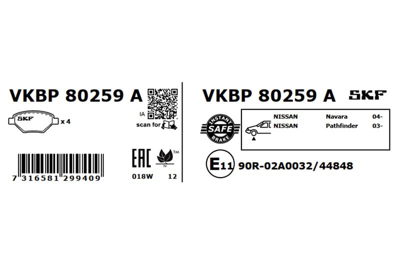 SKF VKBP80259A Комплект гальмівних накладок, дискове гальмо