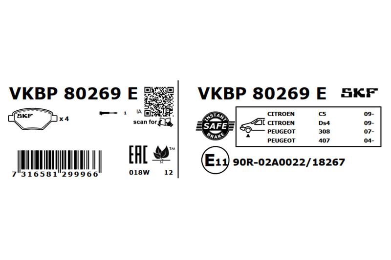 SKF VKBP80269E Комплект гальмівних накладок, дискове гальмо